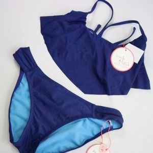 New PROFILE BLUSH by GOTTEX Ruffle Navy Bikini 2PC Size Small